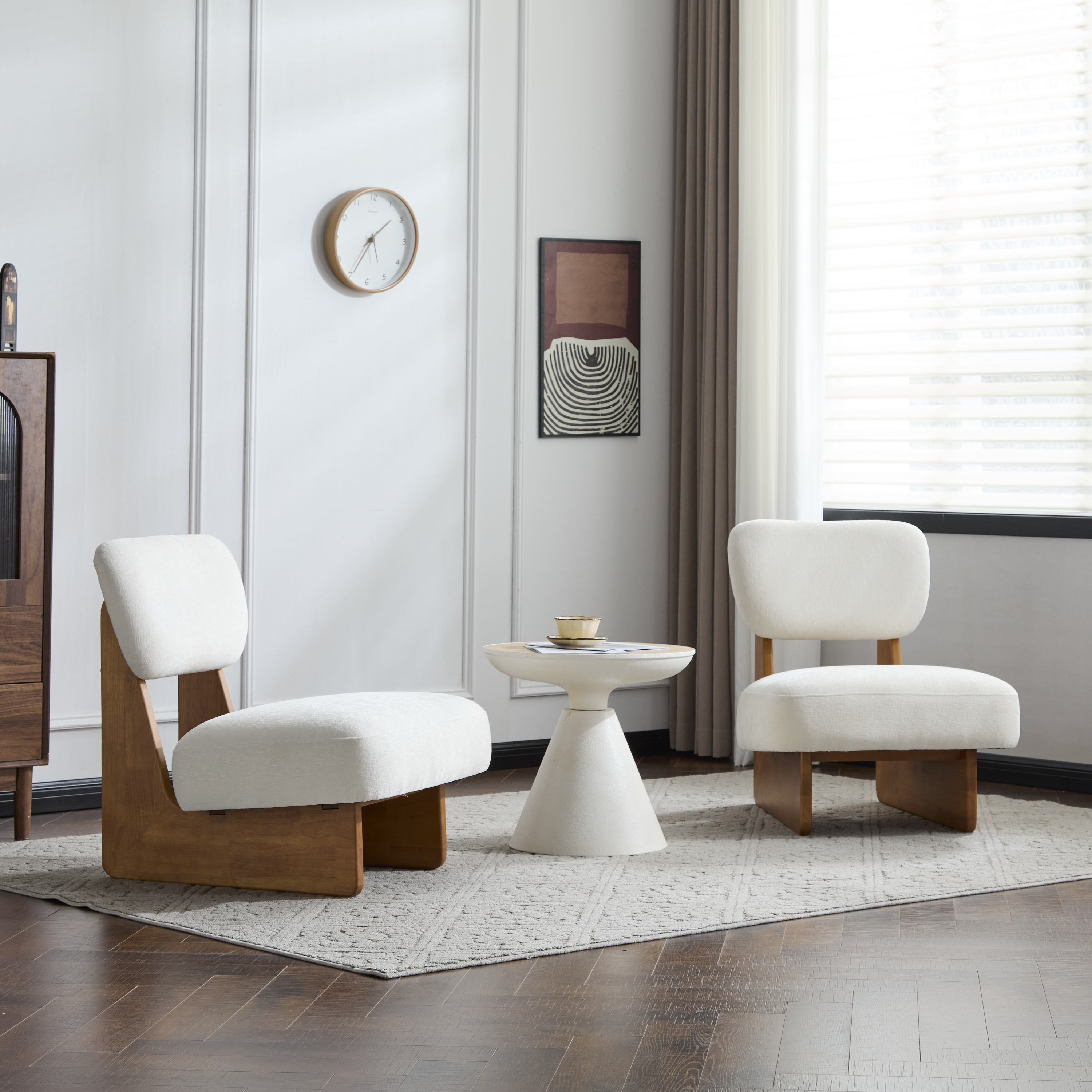 Set Of 2 Modern Beige Lounge Chair With Polyester Upholstery, Sturdy Wood Base With Natural Finish, Minimalist And Stylish Accent Seating For Living Room, Bedroom, Or Office