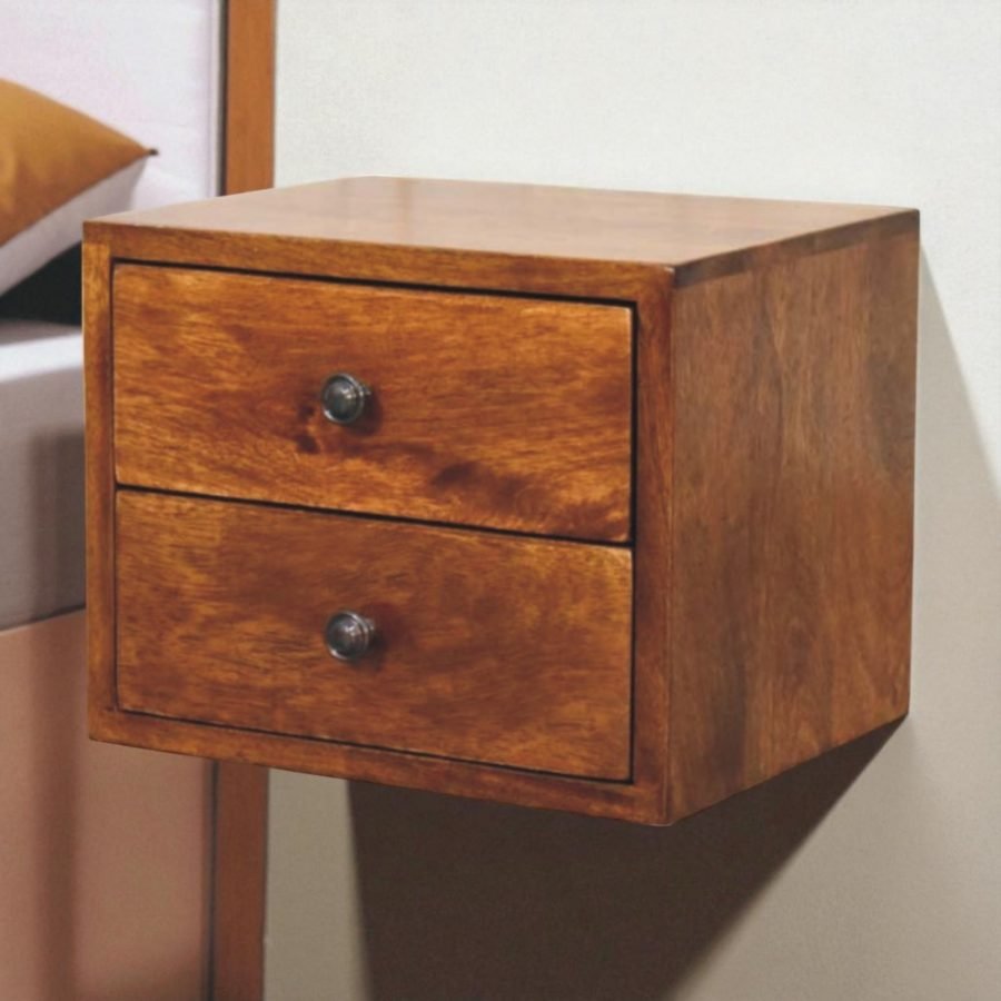 Solid Wood Solis Chestnut Wall Mounted Nightstand, 2 Drawers, Dark Brown
