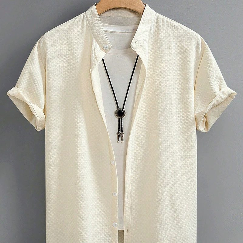 Summer Men's Breathable Casual Stand Collar Shirt Solid Color