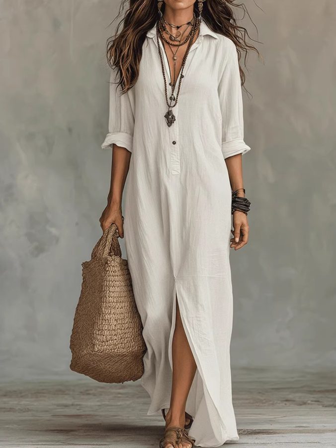 2026 Spring Summer Casual Solid Color Lapel Neck Split Front Maxi Dress, Loose Fit Solid Color Dress