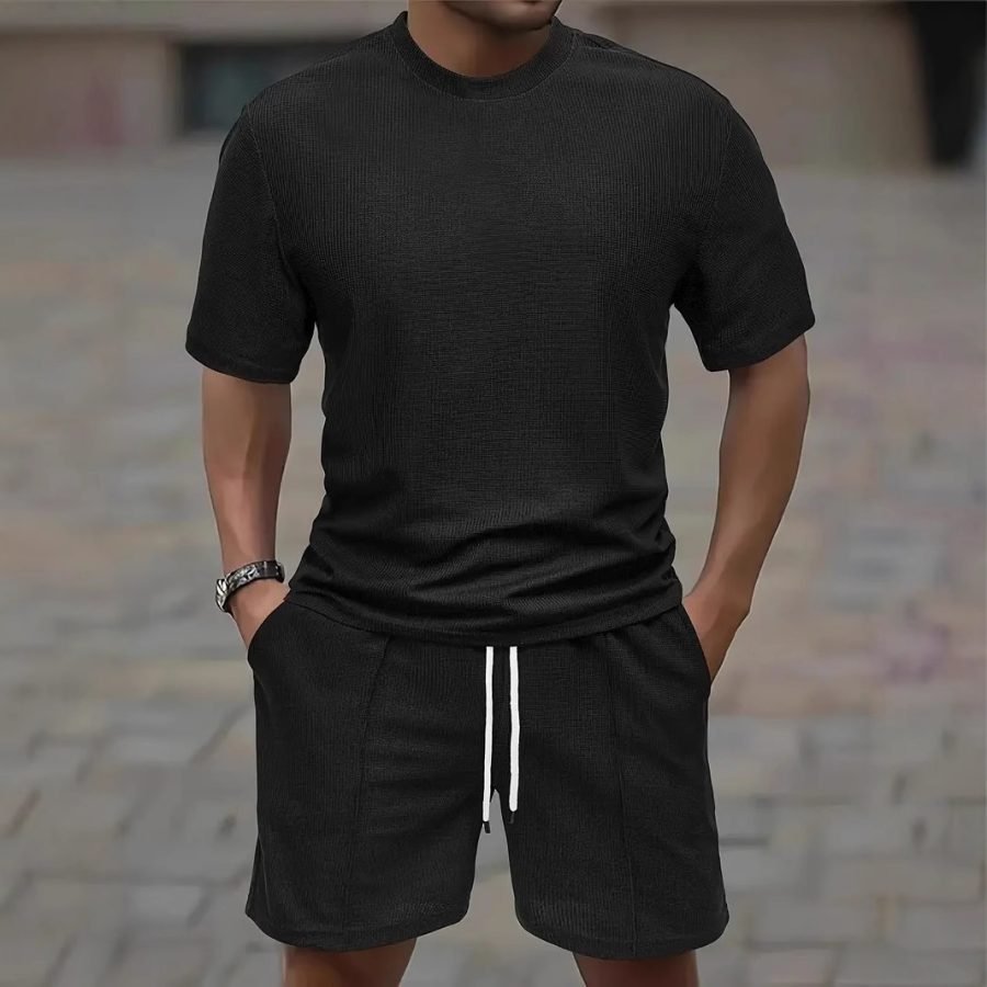 Waffle Texture Short Sleeve Blouse And Pants Men's Summer