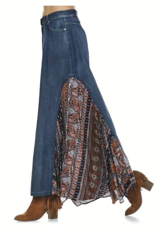 Denim Spliced Ethnic Style Printed Long Skirt