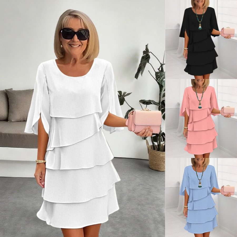 AliExpress New Style Spring And Summer Fashion Solid Color Round Neck Cake Dress Patchwork Women's Dress