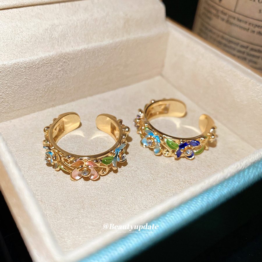 Vintage Floral Open Ring With Colorful Cubic Zirconia French Retro Flower Ring Elegant Adjustable Ring For Women