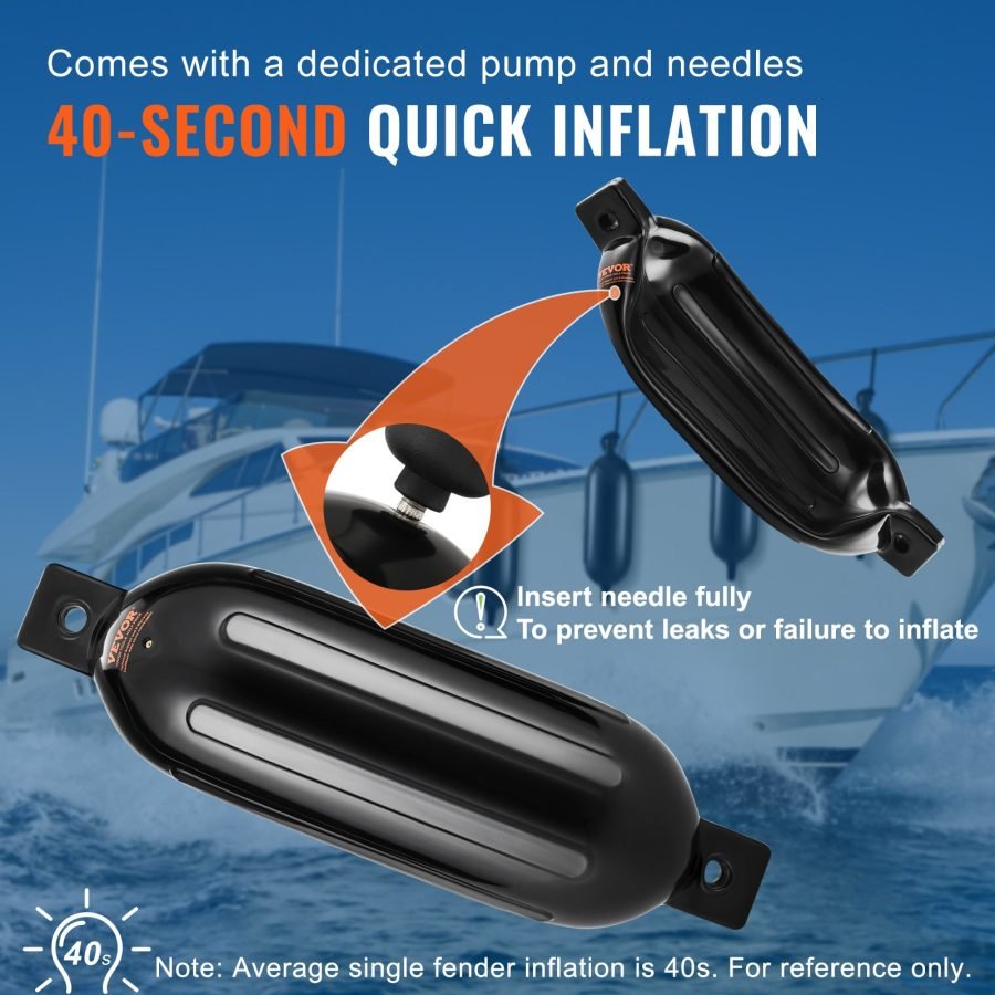 Boat Fenders, 5.5 X 20 Boat Bumpers For Docking, Inflatable Ribbed Fender With Center Holes, Marine Boat Dock Fender Bumper With Air Pump, 4 Needles And 4 Ropes And Storage Bag, Black