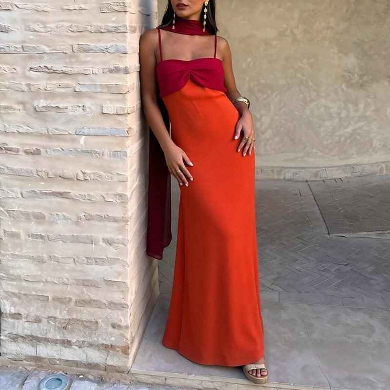 Foreign Trade Women's Clothing Summer Dress Fashionable Color-Block Scarf Collar Slim Fit Bodycon Strap Dress