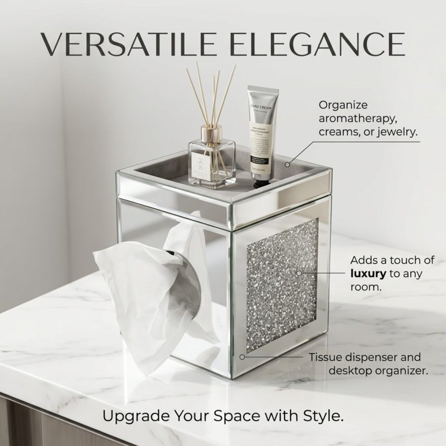 Mirrored Crushed Diamond Tissue Box Cover, Square Glass Tissue Holder, Decorative Napkin Dispenser For Bathroom Vanity Bedroom Tabletop Home Decor