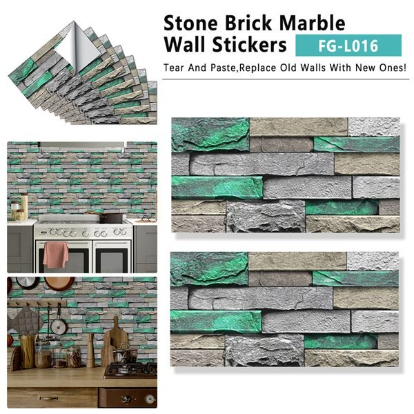 PVC Green Brick And Stone Pattern Self-adhesive Wallpaper, Removable Without Leaving Glue, Peel And Stick Wallpaper