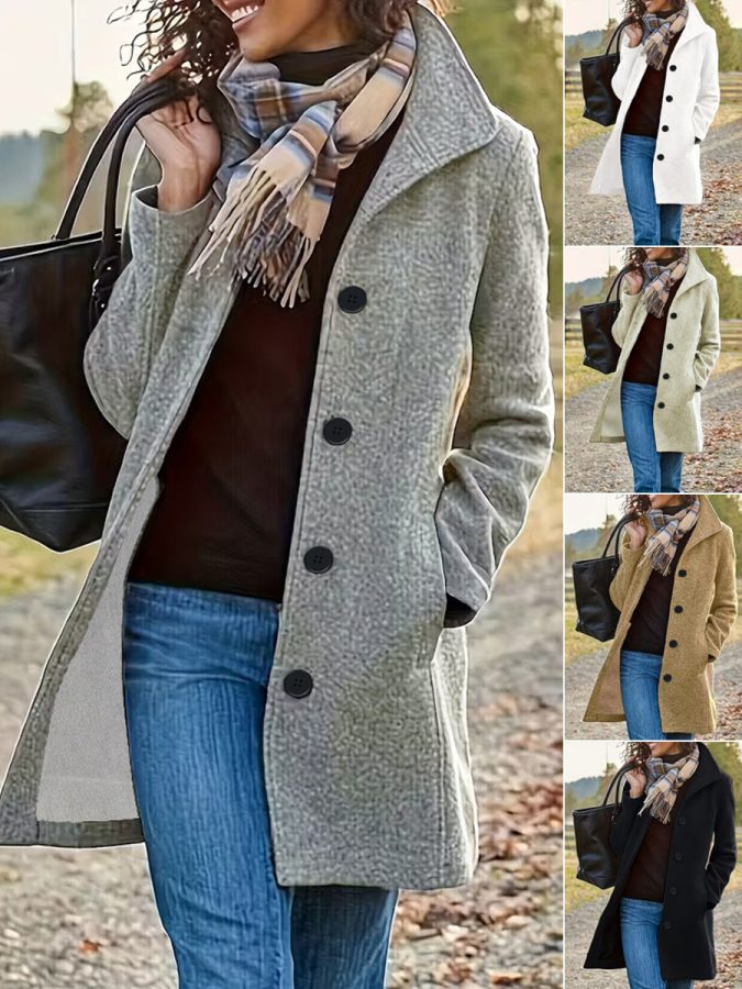 Cross-Border Amazon  Autumn And Winter Hot-Selling Women's Woolen Coat, Solid Color Lapel With Pockets, Long Woolen Coat