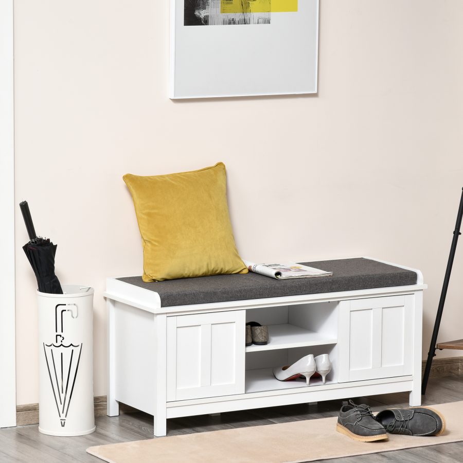 Entryway Shoe Storage Bench Ottoman Adjustable Shelf Padded Cushion Sliding Barn Door White For Hallway Living Room