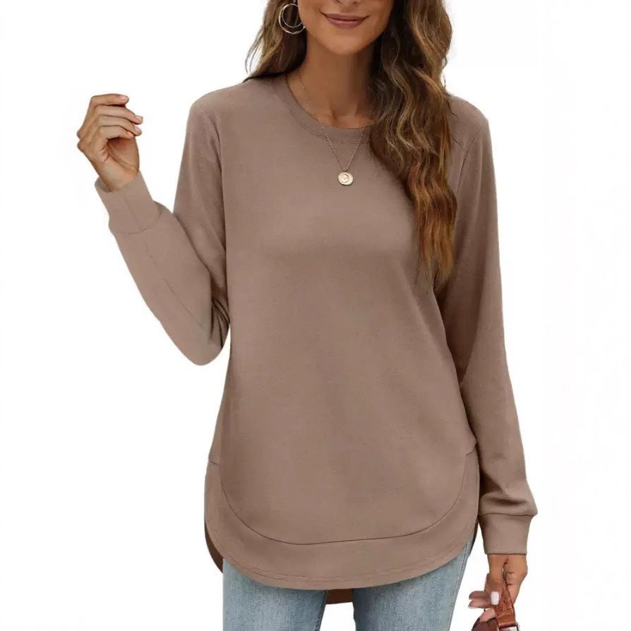 Round Neck Irregular Hem Long Sleeve Loose Casual Women's Blouse