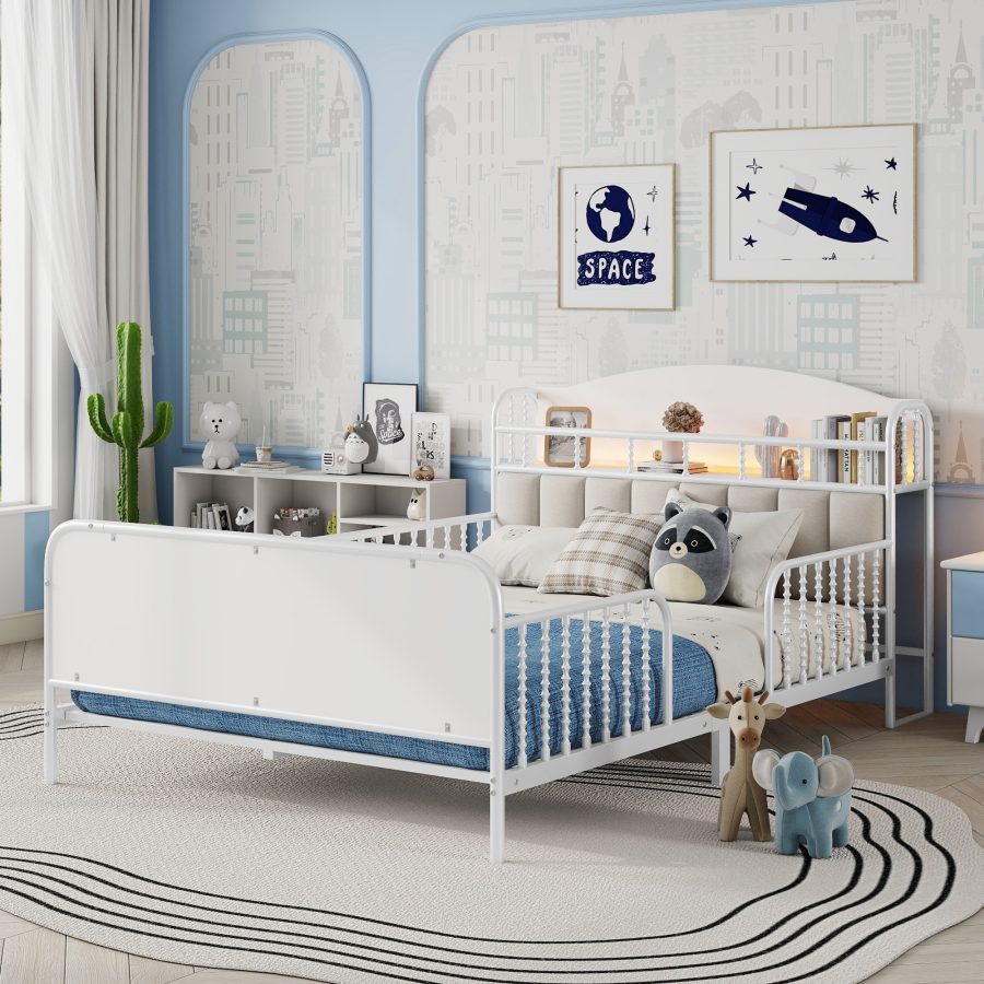 Full Size Metal Platform Bed Frame With Light, Kids Full Metal Bed With Upholstered And Storage Headboard, White Expect Arrival Date 2025 10 5