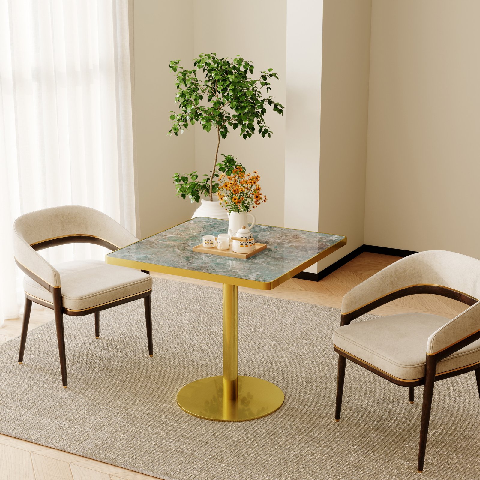 Square Modern Dinning Table 31.5 Inches Bistro Table Tulip Table With Faux Marble Top,Easy Assemble,Sturdy Metal Frame Diameter