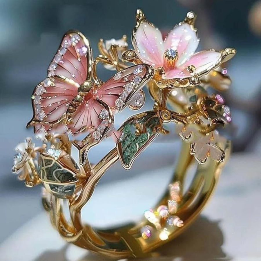 New Colorful Enamel Butterfly & Flower Open Ring, Fashion Jewelry