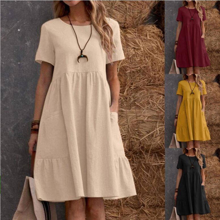 Vintage Loose Pocket Solid Color Round Neck Women Linen Cotton Dress