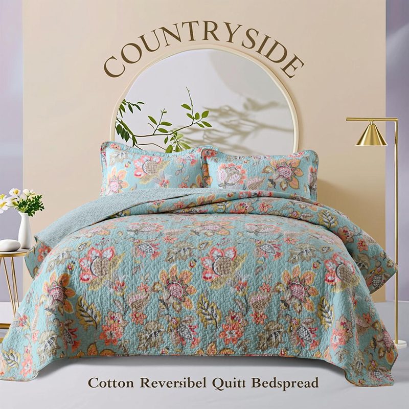 Cotton Reversible Quilt Bedspread Set American Countryside  Print Vintage Botanical Design 3-piece All Season Lightweight Oversized Wide Drop Bedding For Full Queen 90x98 & King 98x106 Wrinkle