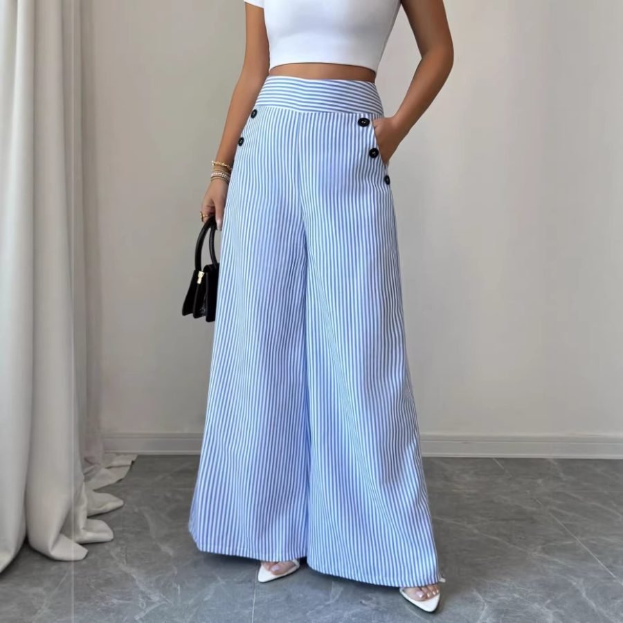 Cross-border European And American Blue And White Striped Wide-leg Pants For Women, High-waisted, Double-breasted, Drapey Floor-length Casual Trousers Wholesale