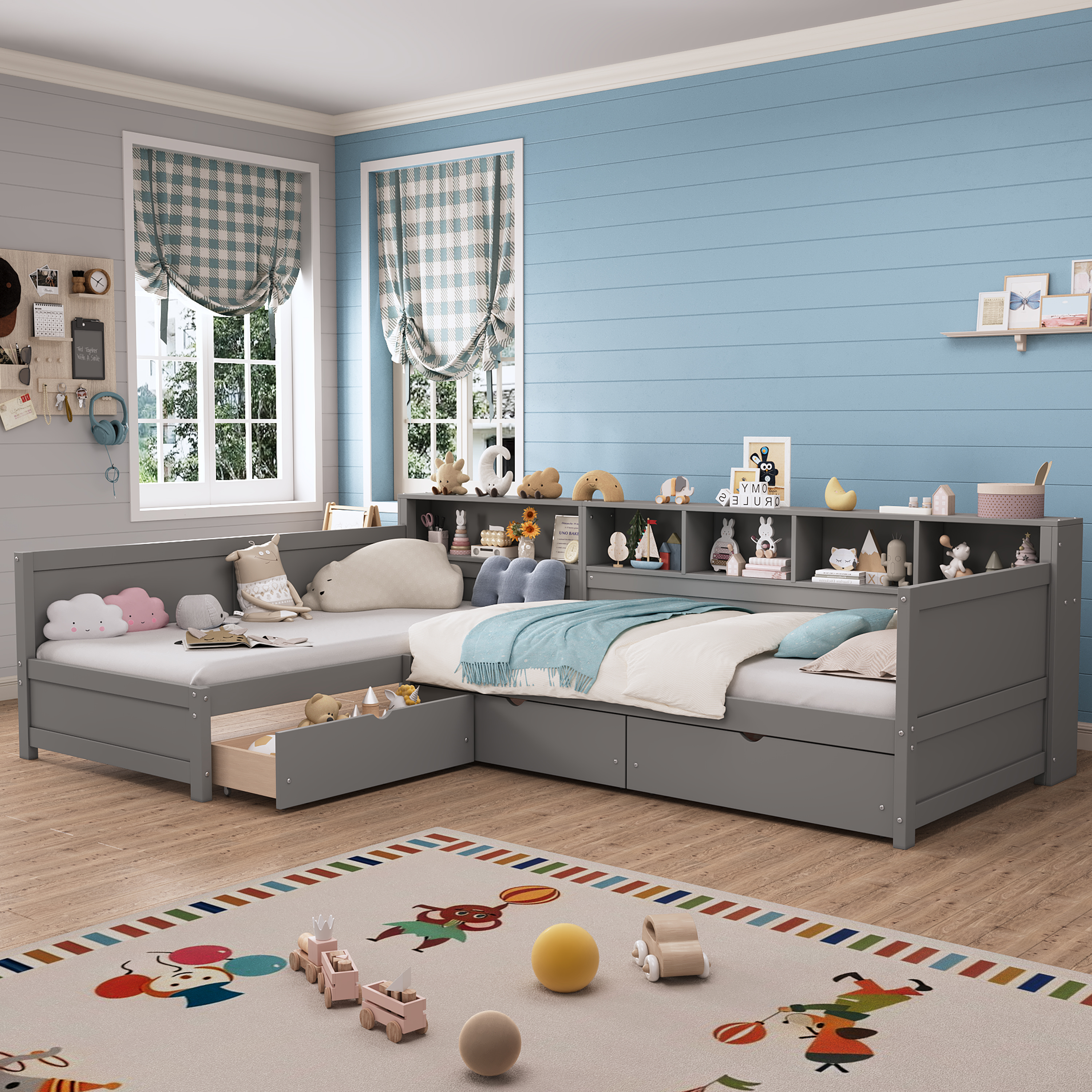 Twin Size Day Bed For 2, L- Shape Twin Size Bed Frame With Storage 3 Drawers,  Wooden Corner Bed With Bookshelf, Corner Bed Frame For Bedroom, Living Room,Grey