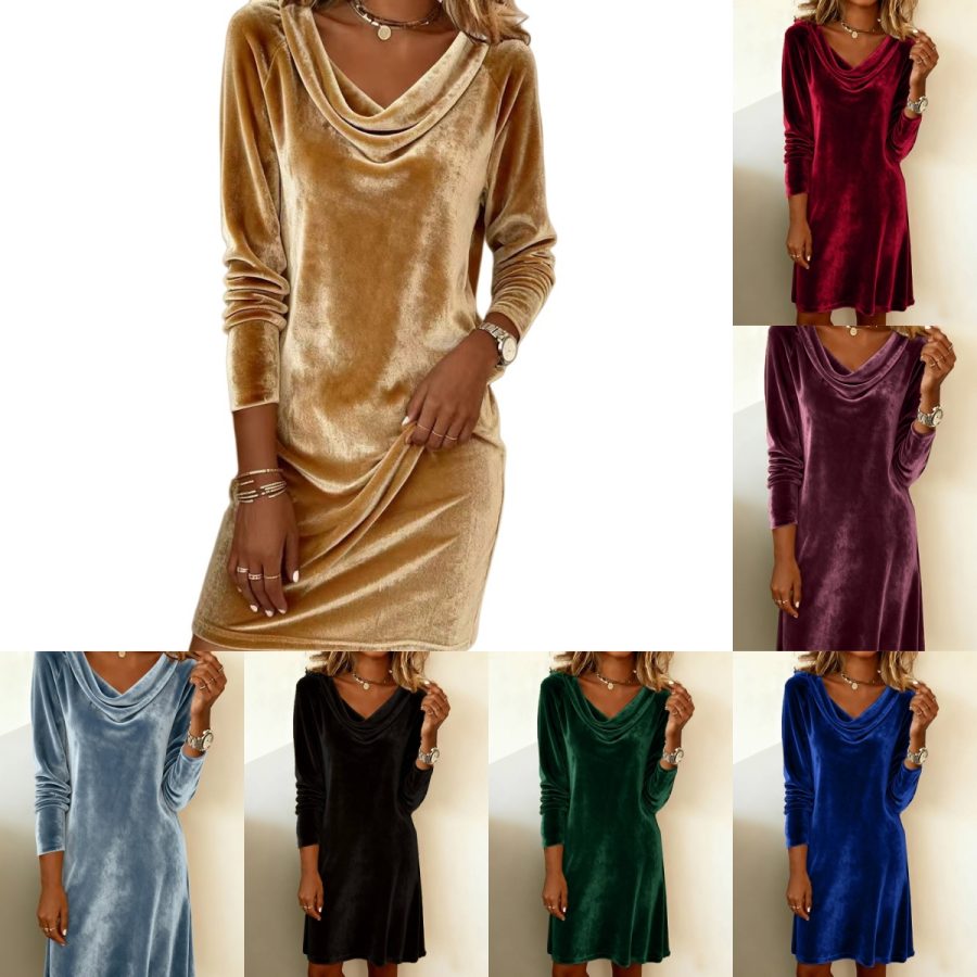 Elegant Solid Color Swing Collar Long Sleeved Velvet Dress Temperament Gentle Skirts For Women Cocktail Party Formal Dresses