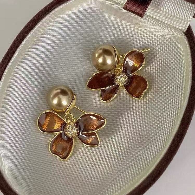 1 Pair Coffee Color Autumn Winter Enamel Vintage Pearl Flower Earrings, New Luxury Elegant Jewelry