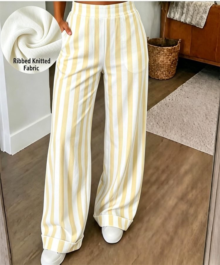 Women's Light Blue White Vertical Stripe Ribbed Knit Wide Leg Pants, Elastic High Waist Casual Trousers With Pockets