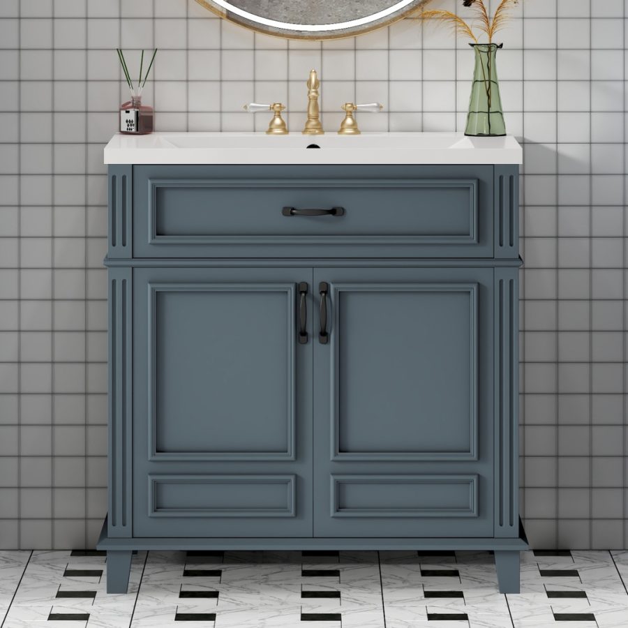 30'' Bathroom Vanity With Ceramic Sink,Solid Wood Frame Bathroom Storage Cabinet With Soft Closing Doors, Retro Style, Blue