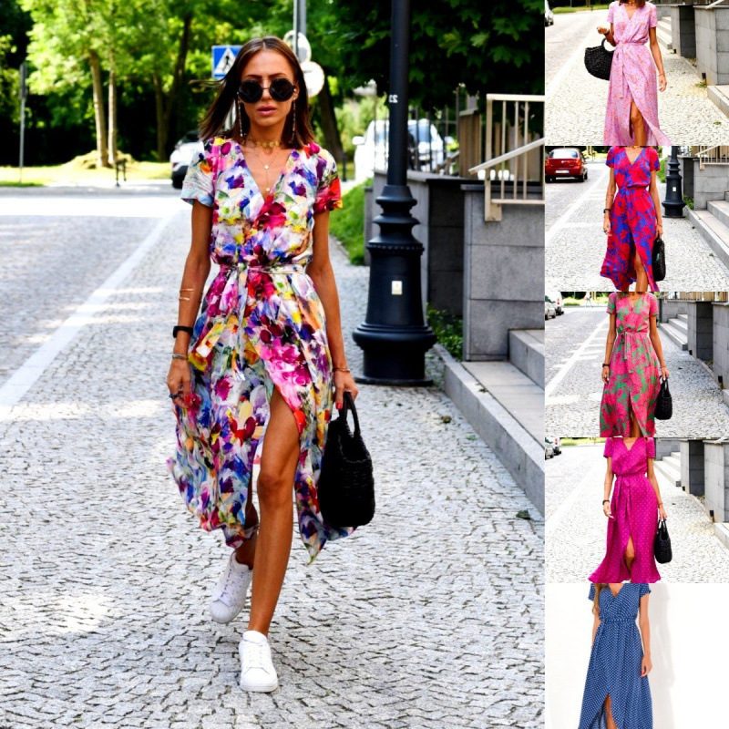 Women's Summer Printed V Neck Split Midi Dress Casual Ladies Overseas Dresses