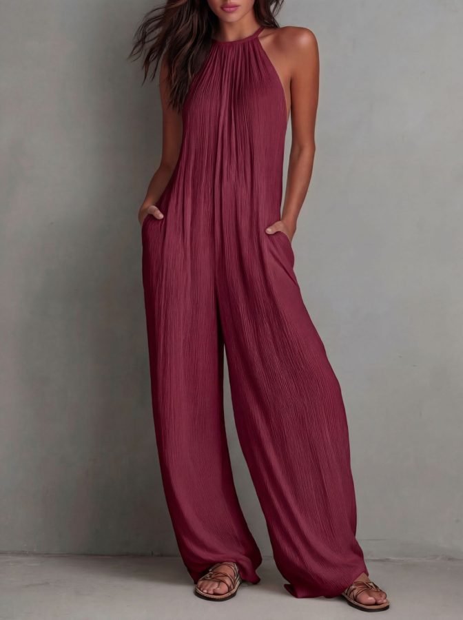 Cross-Border Foreign Trade Women's Clothing European And American Style Halter Neck Sleeveless Vacation Style White Pleated Backless Wide-Leg Jumpsuit