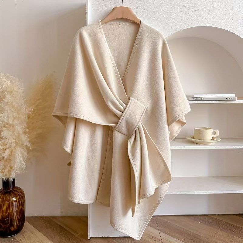Faux Fur Collar Pom Pom Knitted Cardigan Cape - Women's Warm Winter Shawl Wrap Coat