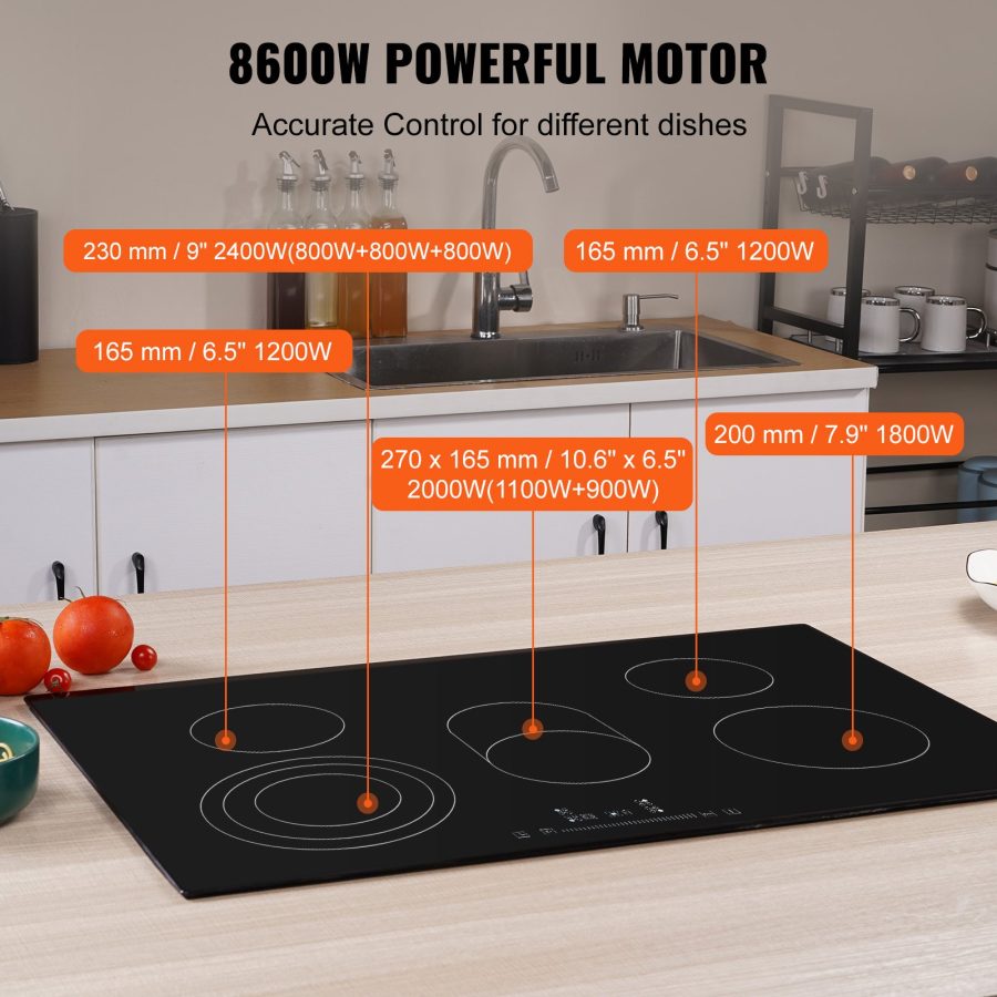 Built In Electric Stove Top, 30.3 X 20.5 Inch 5 Burners, 240V Glass Radiant Cooktop With Sensor Touch Control, Timer & Child Lock Included, 9 Power Levels For Simmer Steam Slow Cook Fry