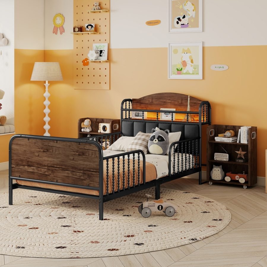 Twin Size Metal Platform Bed Frame With Light, Kids Twin Metal Bed With Upholstered And Pull Out Storage Shelves, Black Expect Arrival Date 2025 10 5