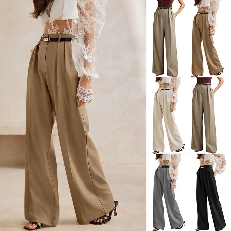 Cross-border Amazon Belt Wide Leg Spring And Summer Women's Casual Dipped High Waist Elegant Commuter Straight Business Suit Women.Belt Not Included