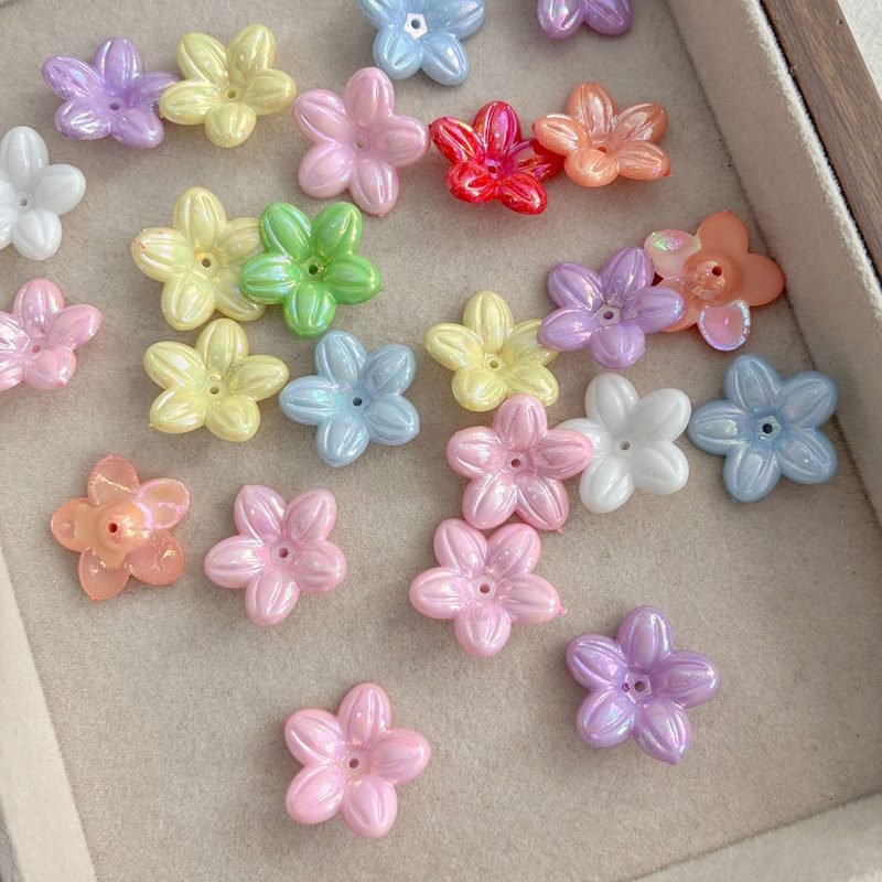 Solid AB Iridescent 5-Petal Acrylic Flower Beads, Chunky Opaque Center-Hole Charms For DIY Hanfu Hairpin Buyao Flower Bases & Jewelry Making.