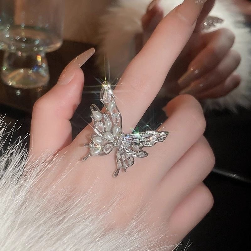 1pc Butterfly Pearl Open Ring, Elegant Index Finger Ring, Fashion All-Match Ring Accessory