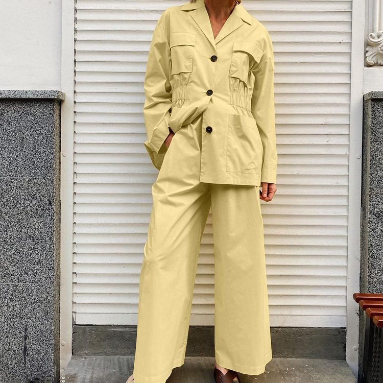 Lapel Long Sleeve Waist-controlled Top Wide Leg Pants Two-piece Set