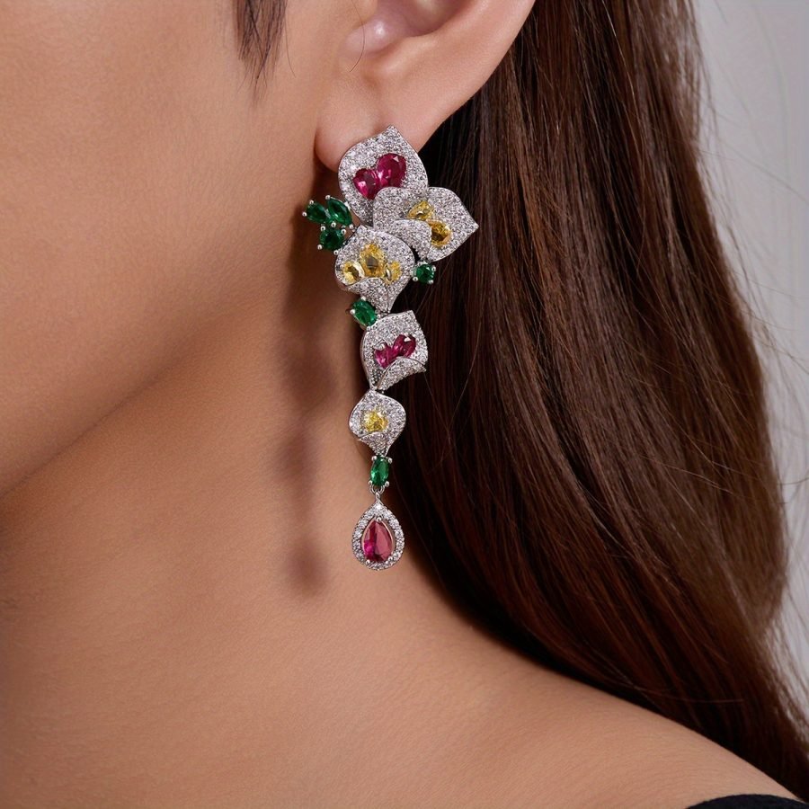 1 Pair Gorgeous Long Dangle Flower Earrings, Cubic Zirconia Earrings For Women, Fashion Party Prom Dress Jewelry, Birthday Holiday Gift