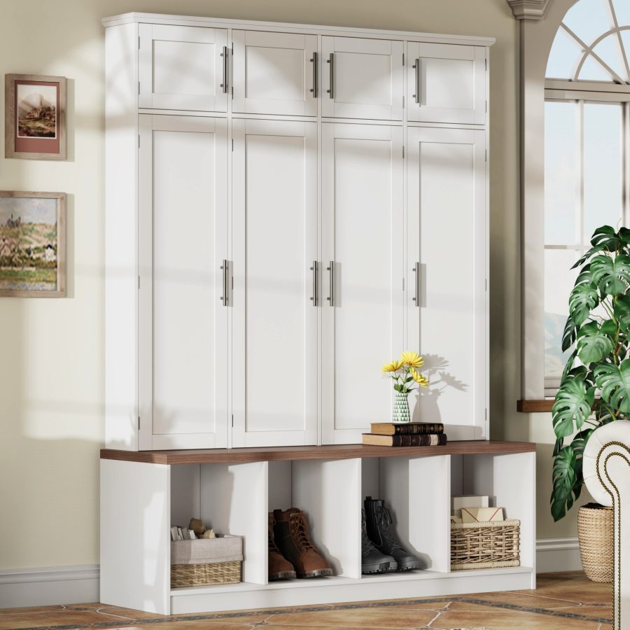 Farmhouse Hall Tree With 4 Hidden Hanging Hooks, Versatile Walnut Seating Bench With 8 Doors, Entryway Shoe Cabinet With Open Compartment For Living Room, White