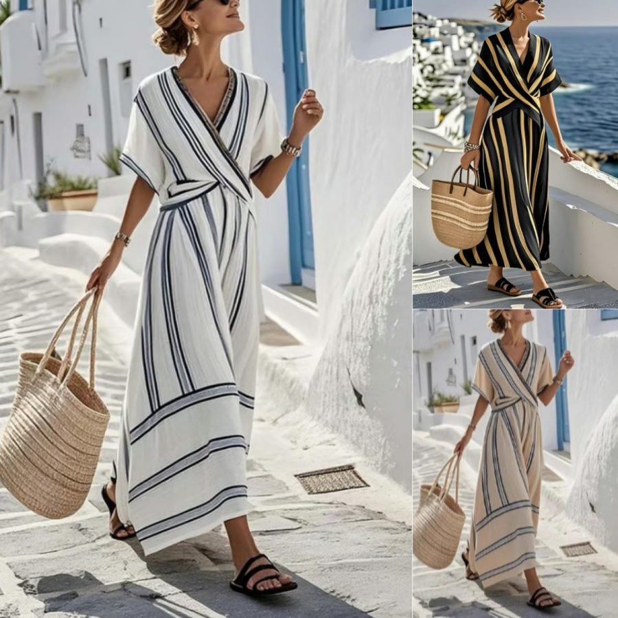 Casual Loose Retro Striped Print Holiday Dress Summer Short Sleeve V Neck Robes Dress Boho Beach Pleated A-Line Long Dress Woman