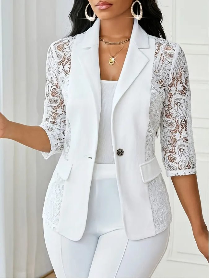 Amazon European And American Women's Summer Thin Half-Stitched Lapel Lace One-Button Blazer Top