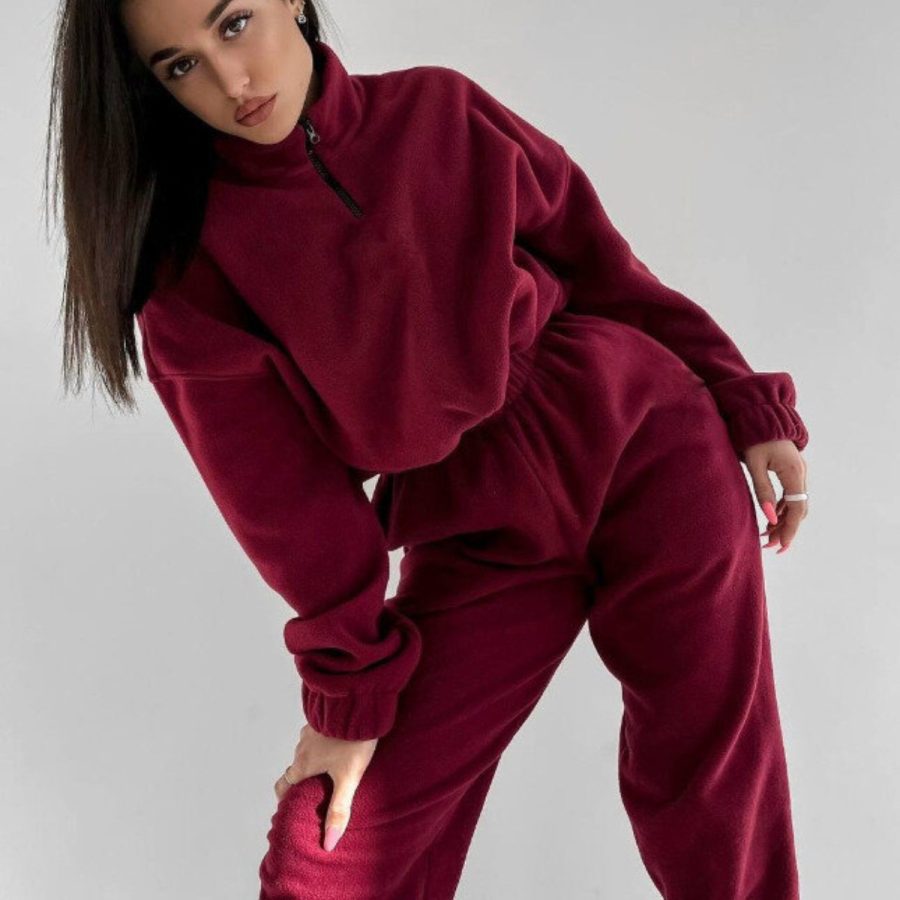 2026 Spring And Autumn Hot Sale New Women's Fashion Amazon Fashion Solid Color Loose Zipper Stand Collar Sweatshirt Casual 2-Piece Set