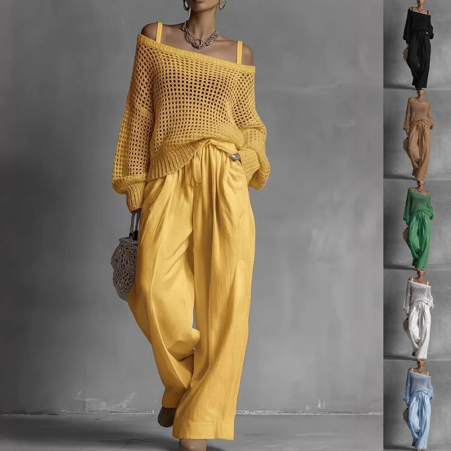 Hollow-Out Knitted Suits Women Loose Pullover Top And Drawstring Straight-leg Pants Casual Two-Piece Set Outfit