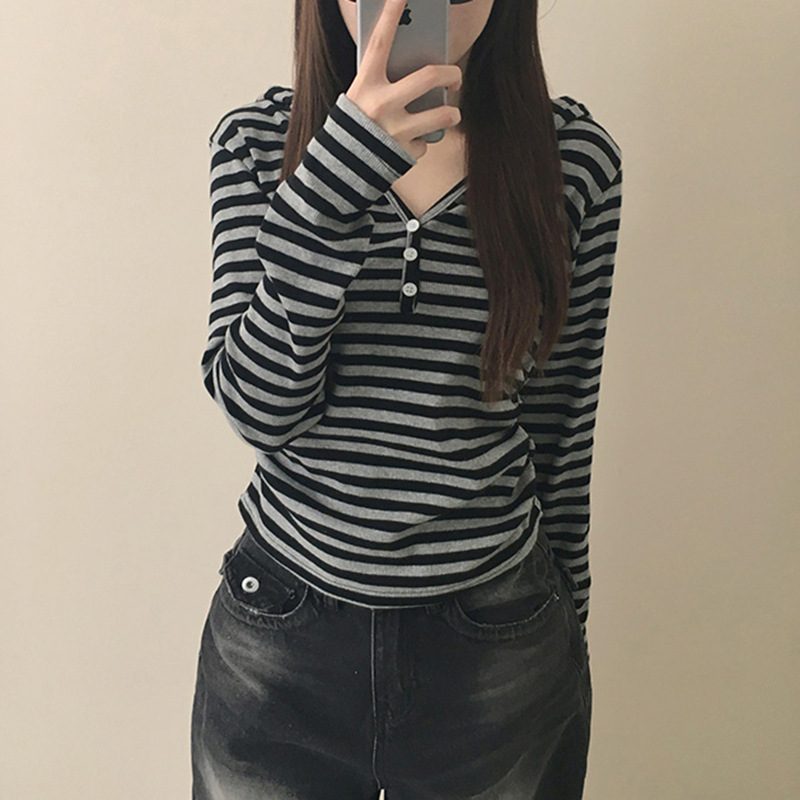 Retro Contrast Color Stripe Knitted T-shirt Women's New Top