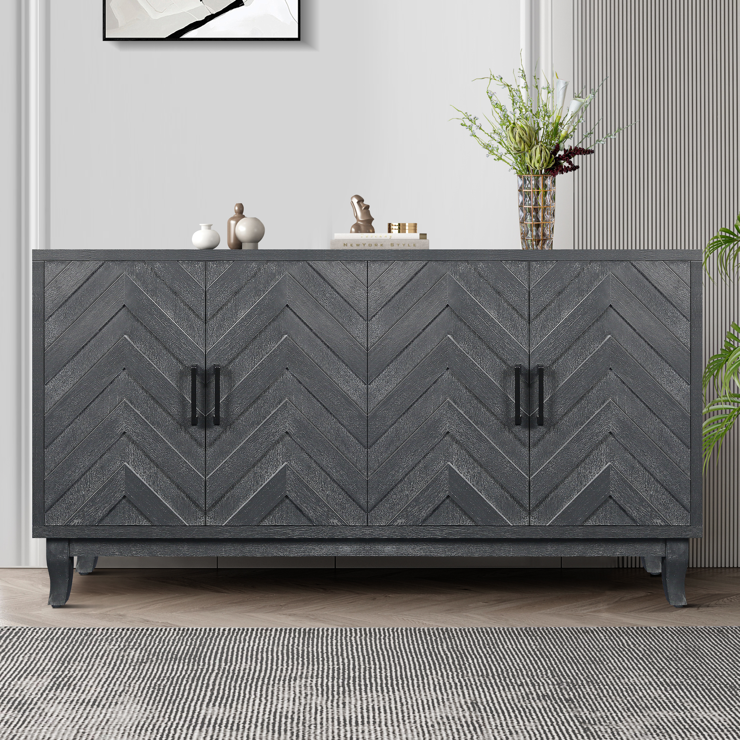 Stronger Vintage Style Buffet Cabinet, Lacquered Accent Storage 4 Door Wooden Cabinets,Thickened Sideboard Storage Cabinet For Entryway, Living Room,Taupe Grey