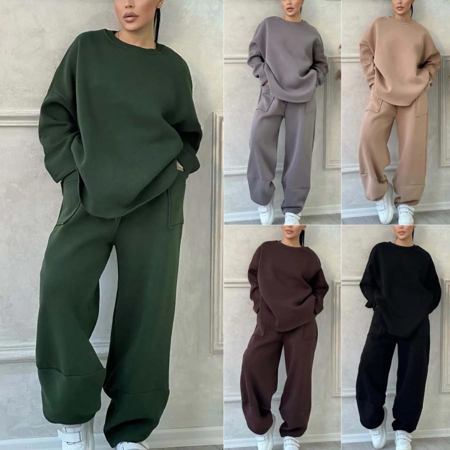 2026 European And American New Women's Autumn And Winter Velvet Warm And Casual Loose Round Neck Long Sleeved Sweatshirt And Pants Set