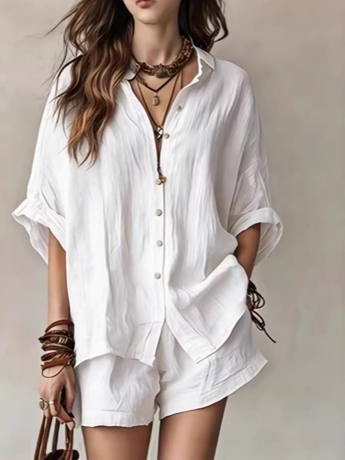 European And American Cross-border Women's Summer New Solid Color Loose Button-up Shirt And Shorts Fashion Casual Set