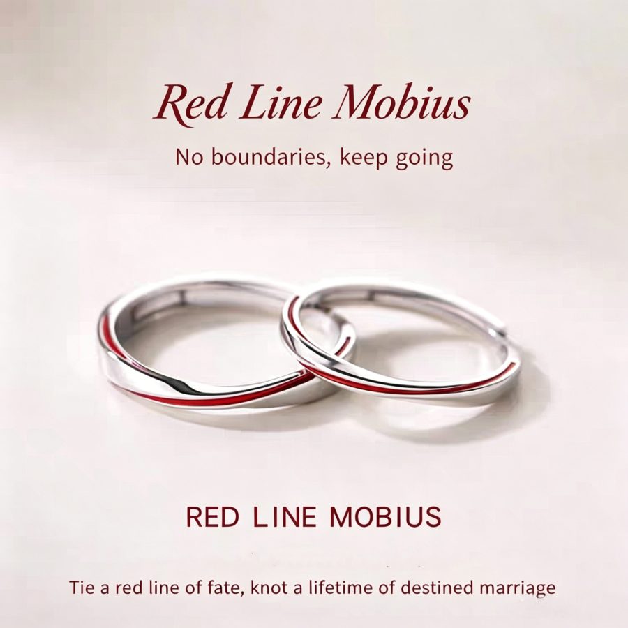 1 Pair 999 Sterling Silver Red Line Mobius Couple Rings, Adjustable Promise Rings, Ideal Valentine's Day Gift For Lovers