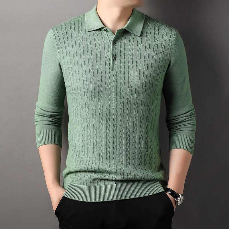 Autumn New Twisted Floral Polo Long Sleeve Loose Casual Bottoming Sweater For Men