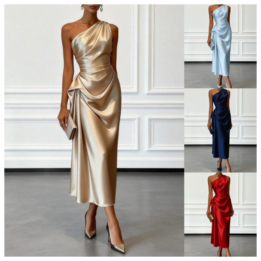 2026 European And American Cross-Border Foreign Trade New High-End Satin Pleated Waist-Cinching Sleeveless Evening Dress For Women