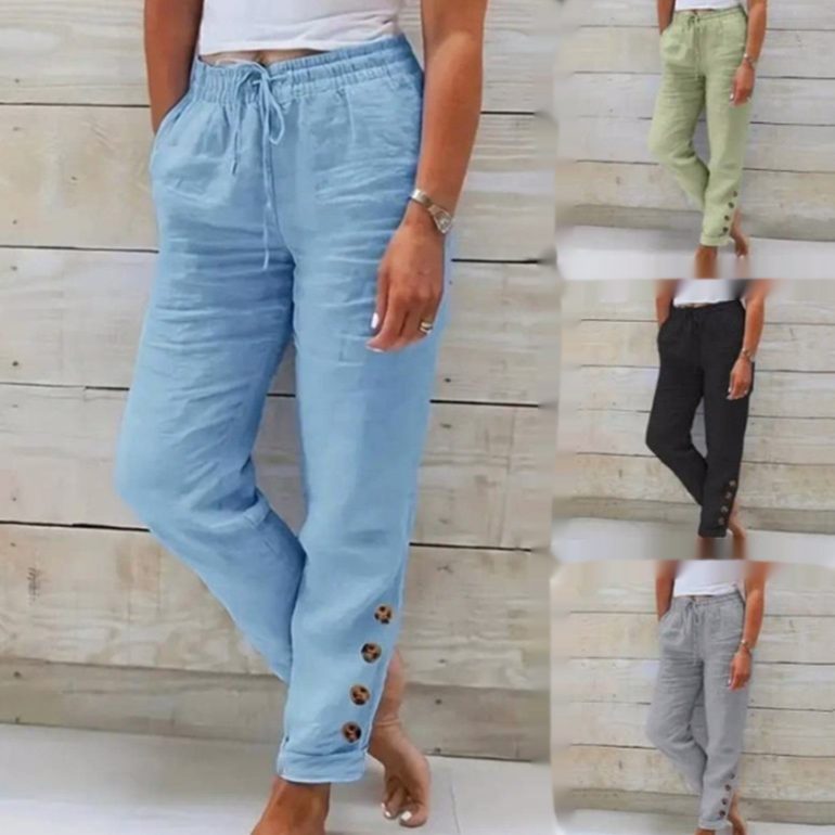 Autumn Solid Color Cotton Linen Straight Casual Button Trousers For Women