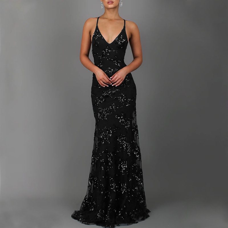 Dress V-neck Brace Backless Sequined Long Night Dresses High Waist Dance Wedding Prom Bridesmaid Maxi